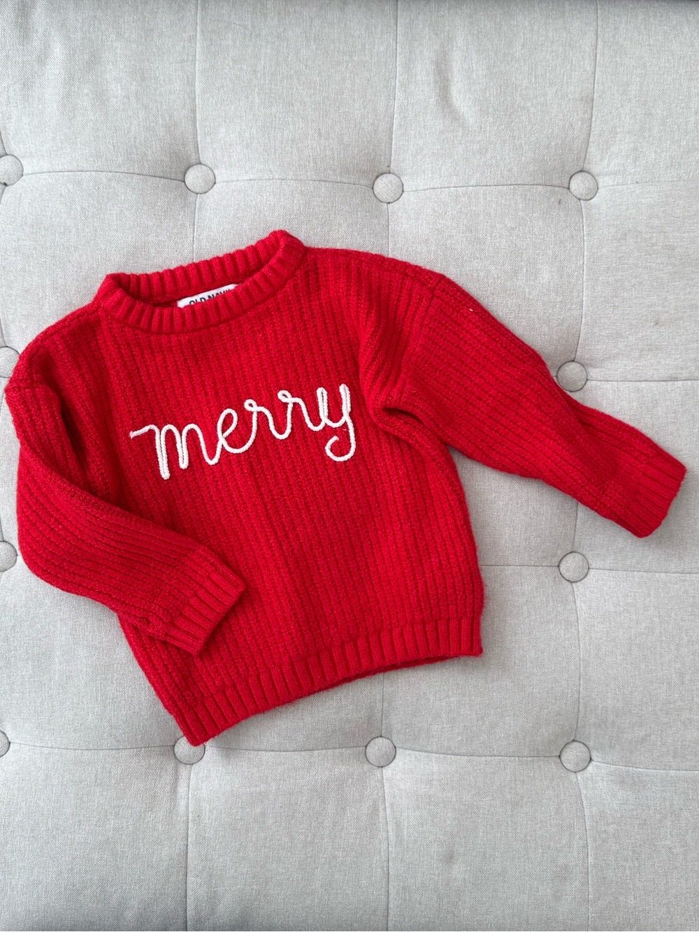 OLD NAVY Red “Merry” Sweater — Size 12-18 months